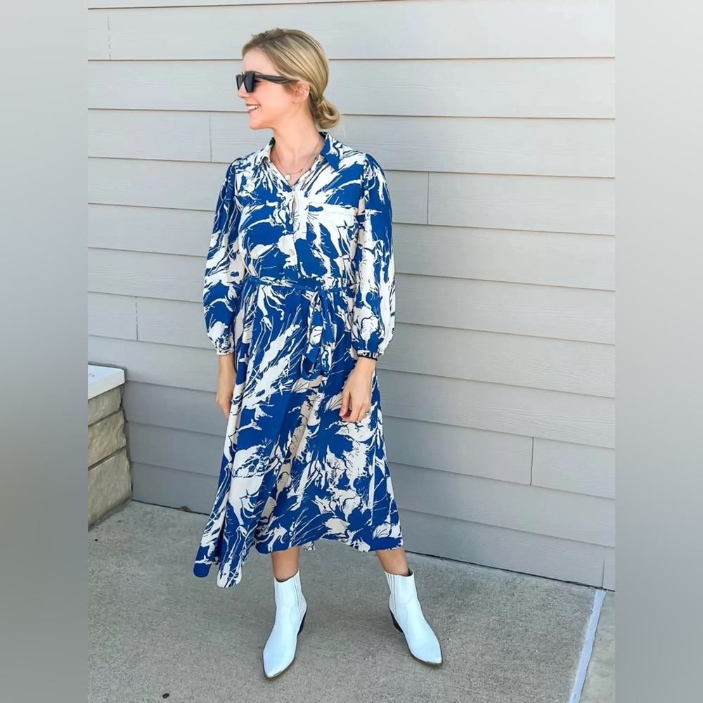 ZARA Emilie Printed Belted Midi Shirt Dress size Large